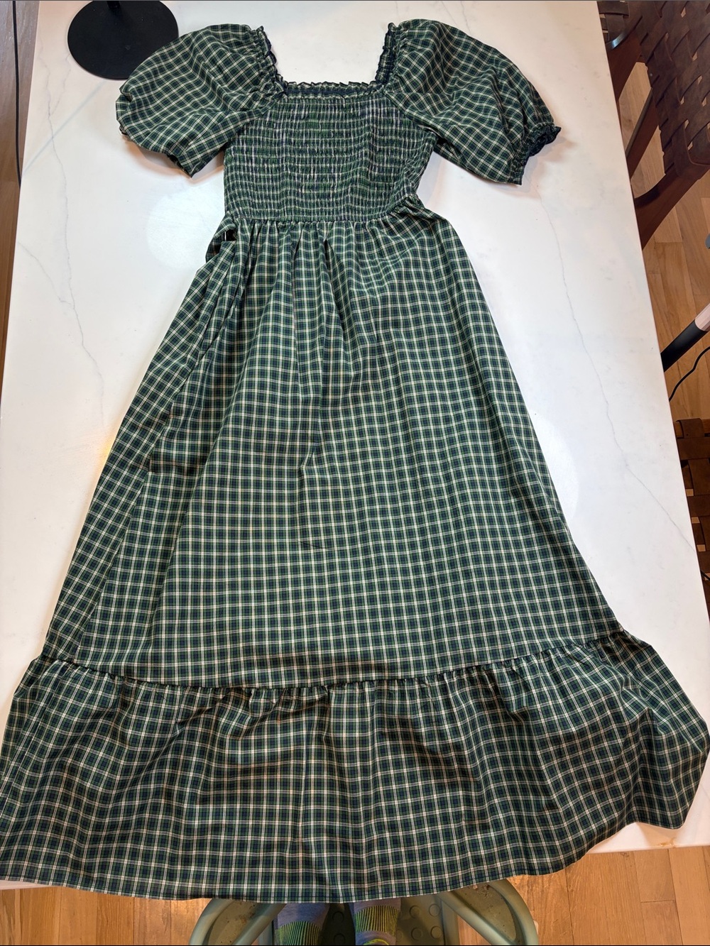 Green Navy Plaid Puff-Sleeve Dress